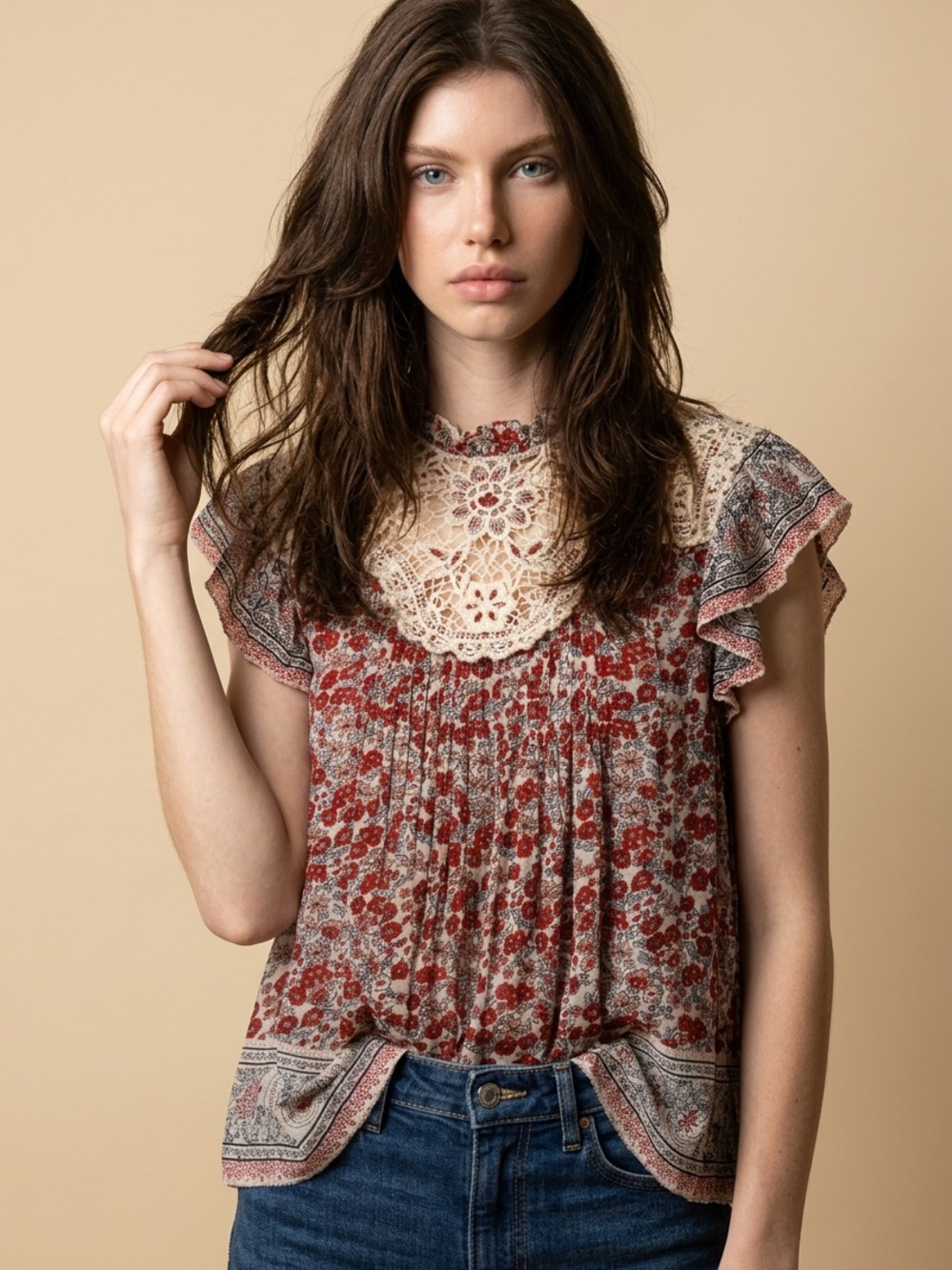 EUC Othilia Lace-Yoke Peasant Blouse in Red & Cream Florals - Made in India (L)
